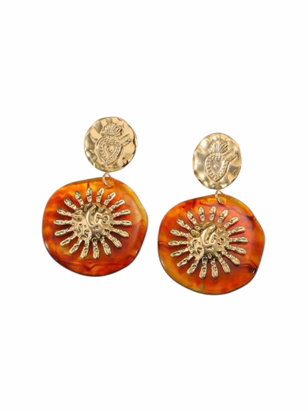 Gold and Amber Sunburst Drop Earrings NWT 18KT Gold Plated